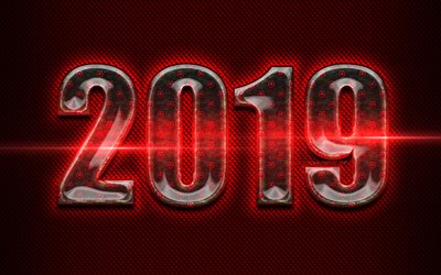 2019 glass digits, Happy New Year 2019, red metal background, red digits, 2019 glass art, 2019 concepts, red neon lights, 2019 on red background, 2019 year digits