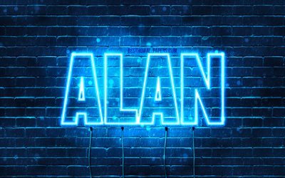 Alan, 4k, taustakuvia nimet, vaakasuuntainen teksti, Alan nimi, blue neon valot, kuvan Alan nimi
