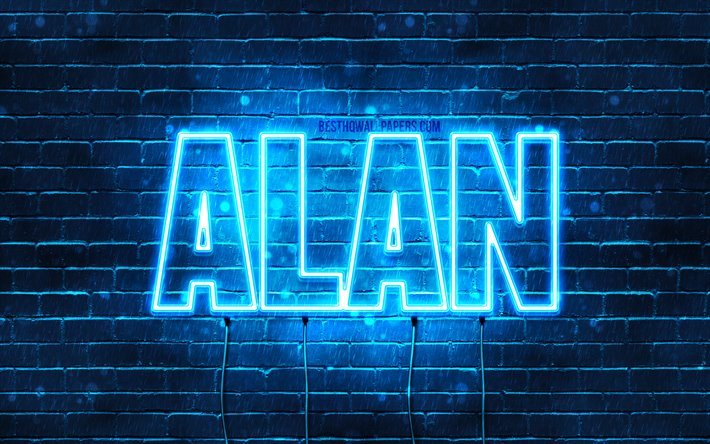 Alan, 4k, fondos de pantalla con los nombres, el texto horizontal, Alan nombre, luces azules de ne&#243;n, de la imagen con el nombre Alan