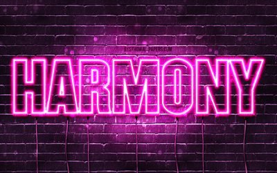 Harmoni, 4k, tapeter med namn, kvinnliga namn, Harmoni namn, lila neon lights, &#246;vergripande text, bild med Harmoni namn