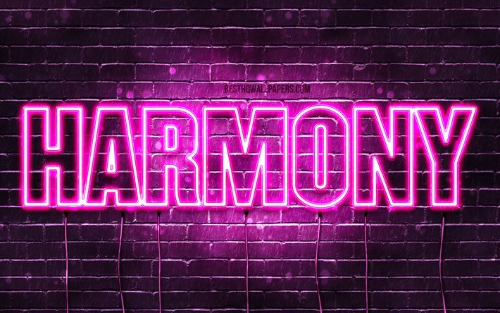 Harmony, 4k, wallpapers with names, female names, Harmony name, purple neon lights, horizontal text, picture with Harmony name