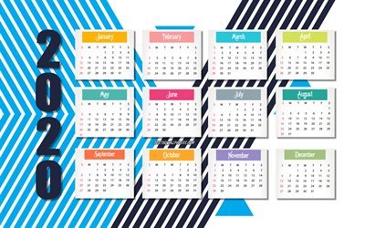 2020 calendario, blu retr&#242; astrazione, 2020 concetti, il 2020 tutti i mesi del calendario, creativo, sfondo blu, 2020 mesi