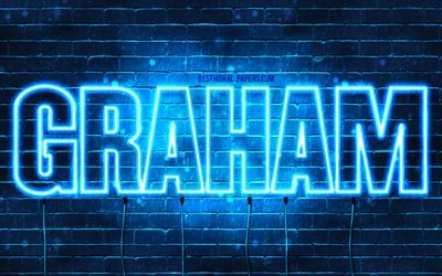 Graham, 4k, pap&#233;is de parede com os nomes de, texto horizontal, Graham nome, luzes de neon azuis, imagem com Graham nome
