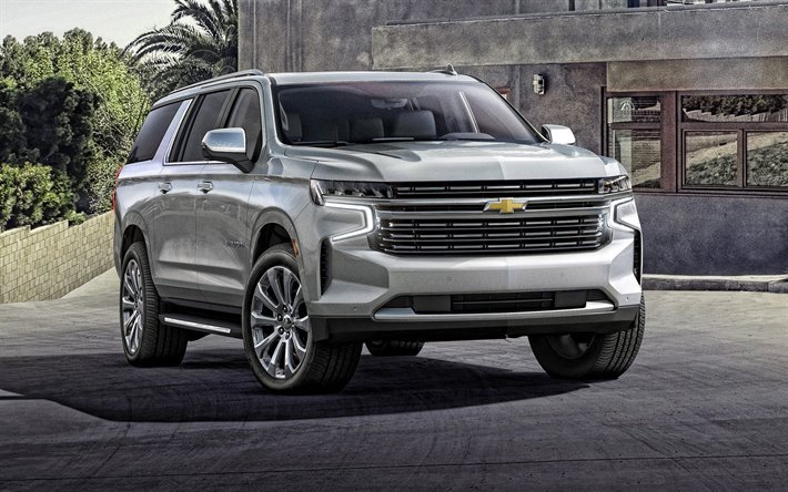 2021, Chevrolet Suburban, exterior, front view, luxury silver SUV, new silver Suburban, American cars, Chevrolet
