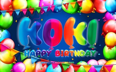 Feliz Anivers&#225;rio Koki, 4k, bal&#227;o colorido quadro, Koki nome, fundo azul, Koki Feliz Anivers&#225;rio, Koki Anivers&#225;rio, criativo, Anivers&#225;rio conceito, Koki