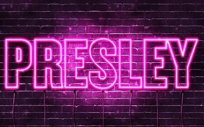 Presley, 4k, pap&#233;is de parede com os nomes de, nomes femininos, Presley nome, roxo luzes de neon, texto horizontal, imagem com a morte de elvis Presley nome