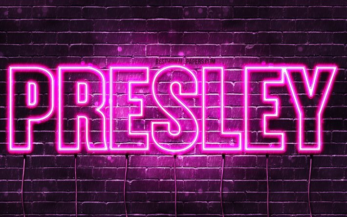 Presley, 4k, wallpapers with names, female names, Presley name, purple neon lights, horizontal text, picture with Presley name