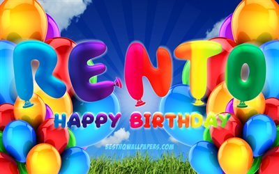 Rentoお誕生日おめで, 4k, 曇天の背景, 女性の名前, 誕生パーティー, カラフルなballons, Rento名, お誕生日おめでRento, 誕生日プ, Rento誕生日, Rento
