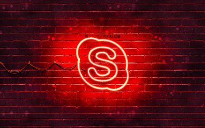سكايب الشعار الأحمر, 4k, الأحمر brickwall, شعار سكايب, العلامات التجارية, سكايب النيون شعار, سكايب