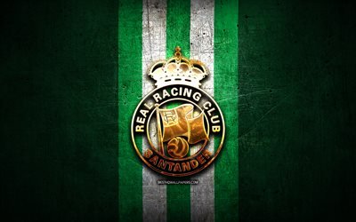Racing Santander FC, golden logo, La Liga 2, green metal background, football, Racing Santander RC, spanish football club, Racing Santander logo, soccer, LaLiga 2, Spain