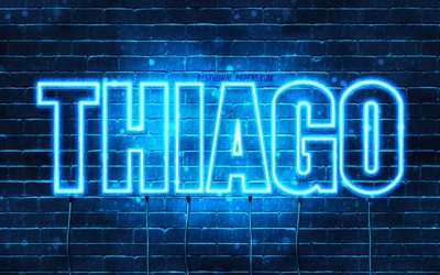 Thiago, 4k, les papiers peints avec les noms, le texte horizontal, Thiago nom, bleu n&#233;on, photo avec Thiago nom