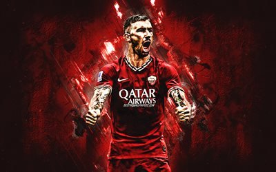 Aleksandar Kolarov, As Roma, Jogador de futebol s&#233;rvio, defender, retrato, pedra vermelha de fundo, Serie A, futebol