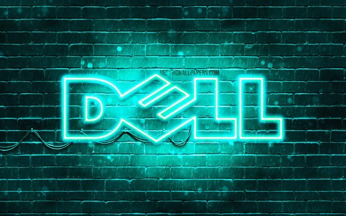 Dell turquoise logo, 4k, turquoise brickwall, Dell logo, brands, Dell neon logo, Dell
