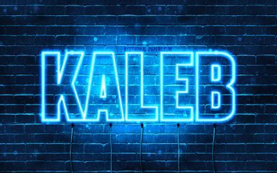 Kaleb, 4k, les papiers peints avec les noms, le texte horizontal, Kaleb nom, bleu n&#233;on, photo avec Kaleb nom