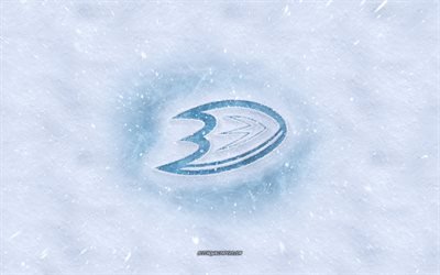 Los Patos de Anaheim logotipo, de la American hockey club, invierno conceptos, NHL, los Patos de Anaheim logotipo de hielo, nieve textura, Anaheim, California, estados UNIDOS, nieve de fondo, los Patos de Anaheim, hockey
