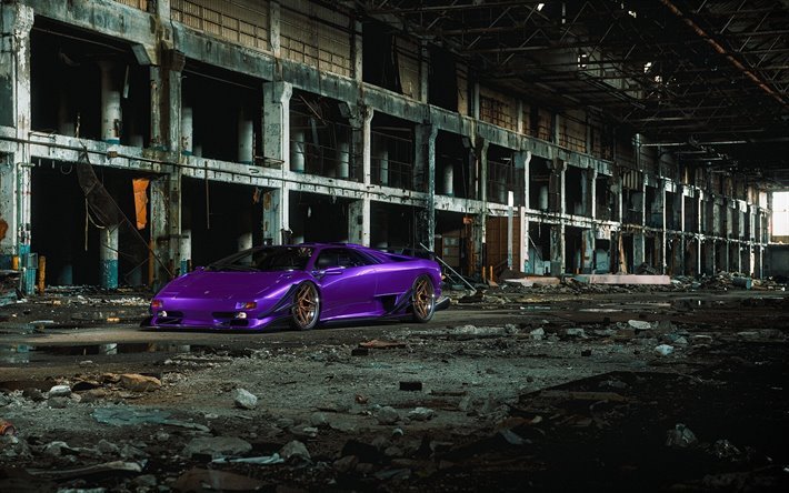 Lamborghini Diablo, supercars, abandoned factory, hypercars, Violet Lamborghini Diablo, italian cars, Lamborghini