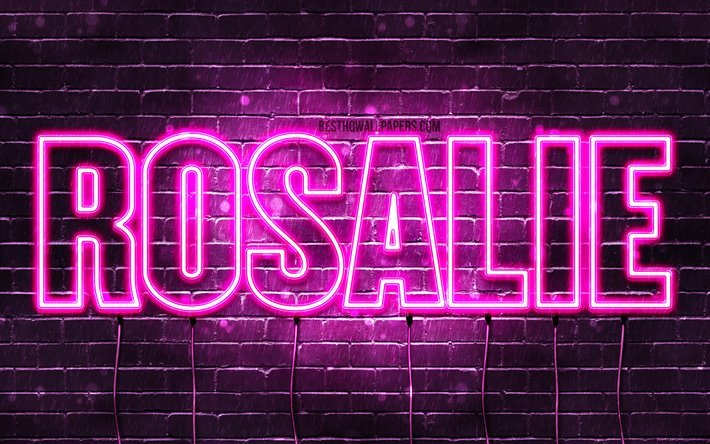 Rosalie, 4k, tapeter med namn, kvinnliga namn, Rosalie namn, lila neon lights, &#246;vergripande text, bild med Rosalie namn