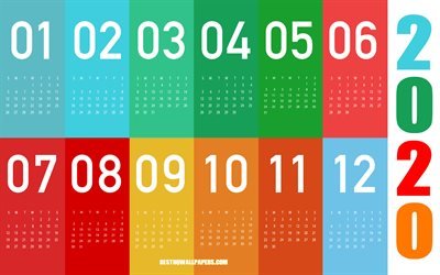 2020 Calendar, multicolored calendar, abstraction, all months 2020, calendar 2020 all months, paper art