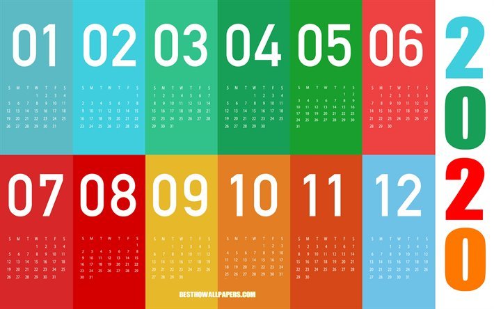 2020 التقويم, متعددة الألوان التقويم, التجريد, كل أشهر العام 2020, تقويم عام 2020 جميع أشهر, فن الورق