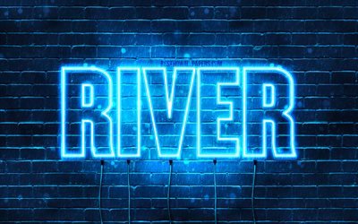 River, 4k, wallpapers with names, horizontal text, River name, blue neon lights, picture with River name