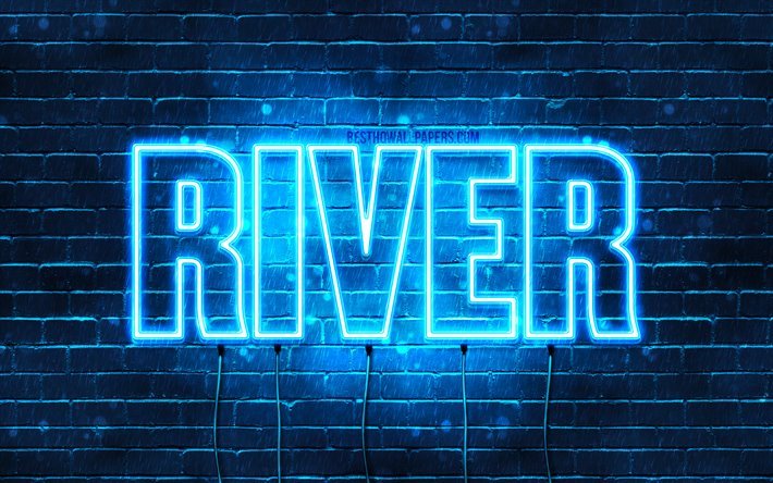 River, 4k, taustakuvia nimet, vaakasuuntainen teksti, Joen nimi, blue neon valot, kuva Joen nimi