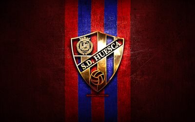 Huesca FC, de oro logotipo de La Liga 2, de metal rojo de fondo, f&#250;tbol, SD Huesca, club de f&#250;tbol espa&#241;ol, de Huesca, logo, futbol, LaLiga 2, Espa&#241;a