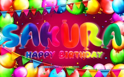 Happy Birthday Sakura, 4k, colorful balloon frame, female names, Sakura name, purple background, Sakura Happy Birthday, Sakura Birthday, creative, Birthday concept, Sakura