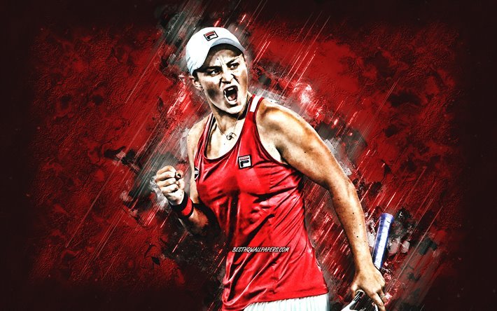 Ashleigh Barty, Avustralyalı tenis&#231;i, WTA, portre, kırmızı taş arka plan, tenis