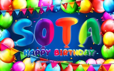 Joyeux Anniversaire Sota, 4k, color&#233; ballon cadre, Sota nom, fond bleu, Sota Joyeux Anniversaire, Sota Anniversaire, cr&#233;atif, Anniversaire concept, Sota