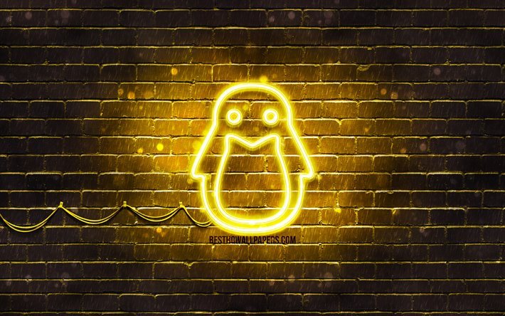 Linux黄ロゴ, 4k, 黄brickwall, Linuxロゴ, 創造, Linuxのネオンのロゴ, Linux