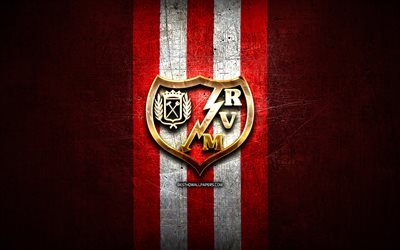 Rayo Vallecano FC, golden logo, La Liga 2, red metal background, football, Rayo Vallecano, spanish football club, Rayo Vallecano logo, soccer, LaLiga 2, Spain
