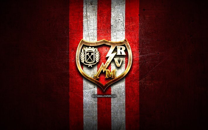 Rayo Vallecano FC, golden logotyp, League 2, red metal bakgrund, fotboll, Rayo Vallecano, spansk fotbollsklubb, Rayo Vallecano-logotyp, LaLiga 2, Spanien