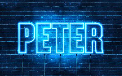 Peter, 4k, les papiers peints avec les noms, le texte horizontal, Peter nom, bleu n&#233;on, une photo avec le nom de Peter