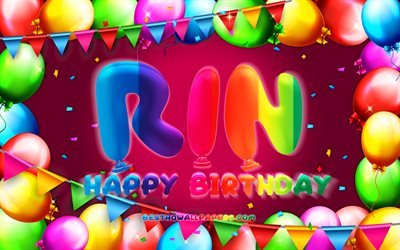 お誕生日おめでRin, 4k, カラフルバルーンフレーム, 女性の名前, Rin名, 紫色の背景, Rinお誕生日おめで, Rin誕生日, 創造, 誕生日プ, Rin