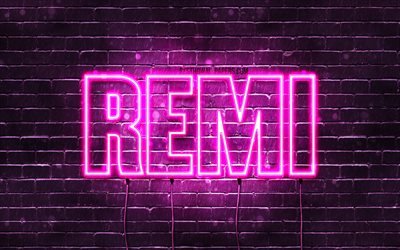 Remi, 4k, fondos de pantalla con los nombres, los nombres femeninos, Remi nombre, p&#250;rpura luces de ne&#243;n, el texto horizontal, imagen con Remi nombre