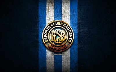 Sao Bento FC, golden logo, Serie B, blue metal background, football, EC Sao Bento, brazilian football club, Sao Bento logo, soccer, Brazil