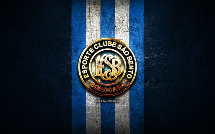 Sao Bento FC, golden logo, Serie B, blue metal background, football, EC Sao Bento, brazilian football club, Sao Bento logo, soccer, Brazil