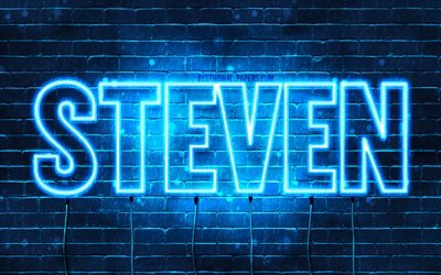 Steven, 4k, les papiers peints avec les noms, le texte horizontal, Steven nom, bleu n&#233;on, une photo avec le nom Steven
