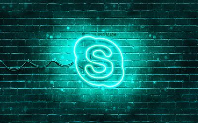 Skype turquoise logo, 4k, turquoise brickwall, Skype logo, brands, Skype neon logo, Skype