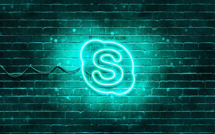 Skype turquoise logo, 4k, turquoise brickwall, Skype logo, brands, Skype neon logo, Skype