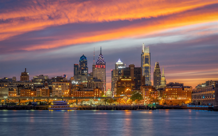 Philadelphia, skyscrapers, buildings, evening, sunset, Philadelphia skyline, Philadelphia cityscape, Pennsylvania, USA