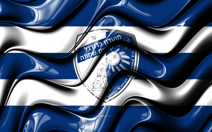 Hapoel Ironi Kiryat Shmona flag, 4k, blue and white 3D waves, Ligat ha Al, Israeli football club, Hapoel Ironi Kiryat Shmona, football, Hapoel Ironi Kiryat Shmona logo, soccer, Hapoel Ironi Kiryat Shmona FC, Israel