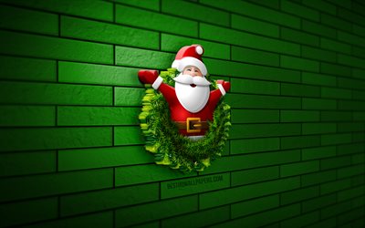 4k, Santa Claus, green brickwall, xmas wreath, Christmas decorations, 3D Santa Claus, Happy New Year, Merry Christmas, christmas wreath, 3D art, 3D Santa, xmas decorations, xmas icons