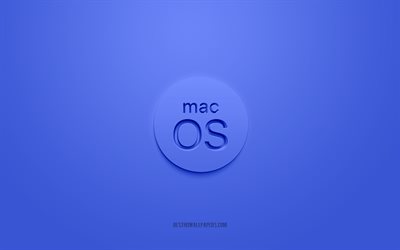 MacOS3Dロゴ, 青い背景, MacOSの青いロゴ, 3Dロゴ, MacOSエンブレム, Mac OS, 3Dアート