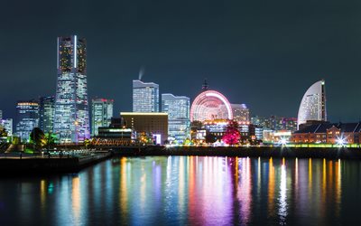 Yokohama, 4k, notte, Yokohama Landmark Tower, grattacieli, skyline di Yokohama, paesaggio urbano di Yokohama, Giappone