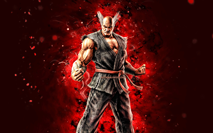 Heihachi, 4k, n&#233;ons rouges, Tekken 7, protagoniste, Heihachi Mishima, personnages Tekken, Heihachi Tekken
