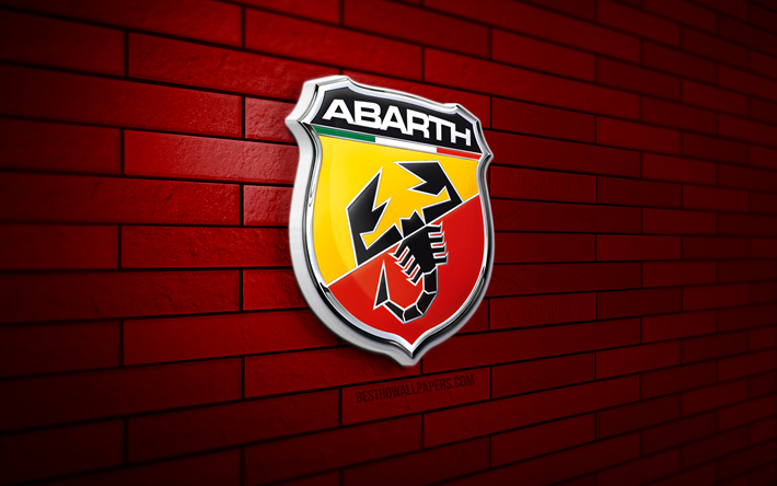 Abarth 3D logotyp, 4K, r&#246;d brickwall, kreativ, bilar varum&#228;rken, Abarth logotyp, 3D konst, Abarth