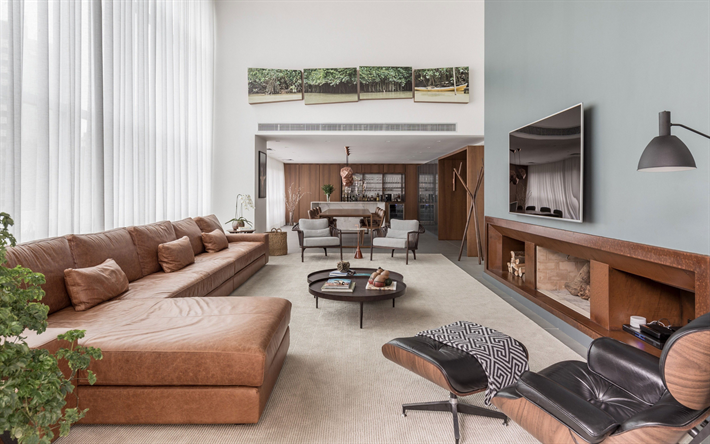 design de interiores de sala de estar elegante, sof&#225; de couro marrom, design de interior moderno, cozinha, sala de estar, ideia de sala de estar, paredes brancas na sala de estar