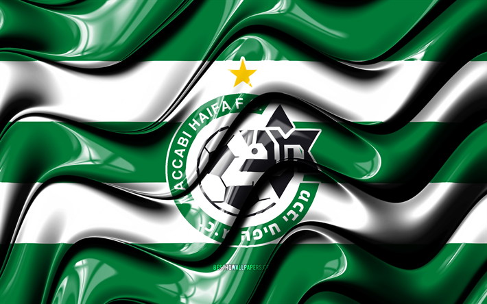 マッカビハイファの旗, 4k, 緑と白の3D波, リガットハアル, イスラエルのサッカークラブ, マッカビハイファ, サッカー, マッカビハイファのロゴ, マッカビハイファFC, イスラエル