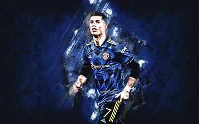 Cristiano Ronaldo, Manchester United FC, Blue Stone Background, CR7, Manchester United Blue T-shirt, Ronaldo Manchester United, art grunge, football